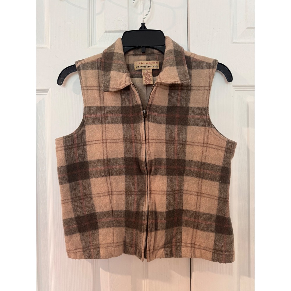 Vintage Telluride Clothing Co Plaid Wool Blend Zip Up Vest Brown Tan Size S/M